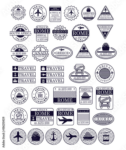travel stamps set in dark blue silhouette