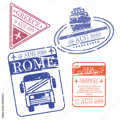 boat and bus and airplane travel stamps greece rome new zealand in colorful silhouette