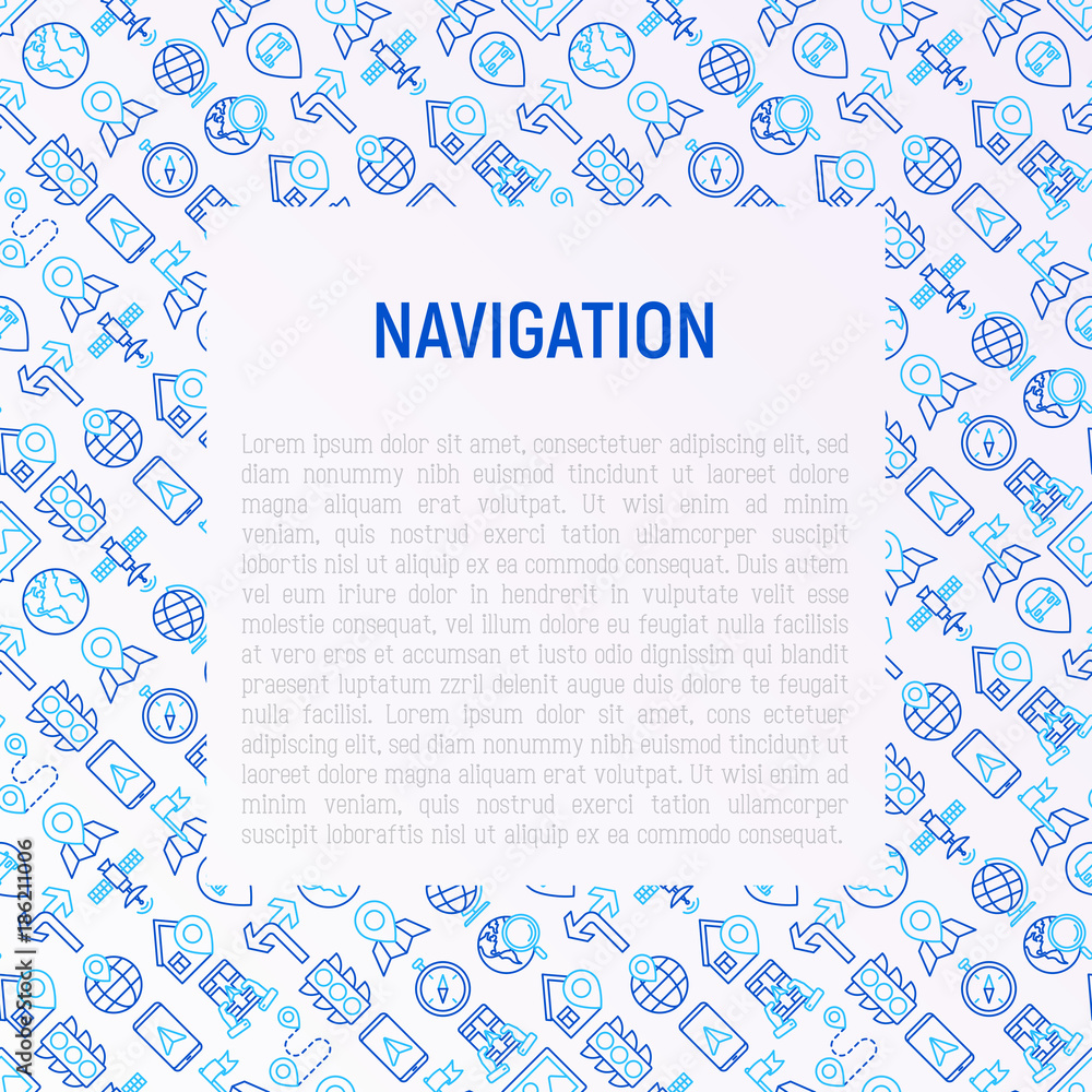 Navigation and direction concept with thin line icons set: pointer, compass, navigator on tablet, traffic light, store locator, satellite. Modern vector illustration for banner, print media, web page.