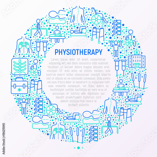 Physiotherapy concept in circle with thin line icons: rehabilitation, physiotherapist, acupuncture, massage, gymnastics, go-carts, vertebrae; x-raу, wheelchair. Vector illustration, web page template.
