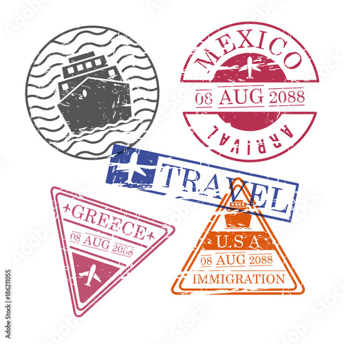 ship and airplane travel stamps mexico greece usa in colorful silhouette