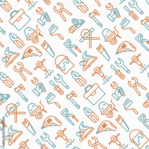 Work tools seamless pattern with thin line icons: puncher, drill, wrench, plane, toolbox, wheelbarrow, saw, pliers, sawing machine. Modern vector illustration of building equipment for background.