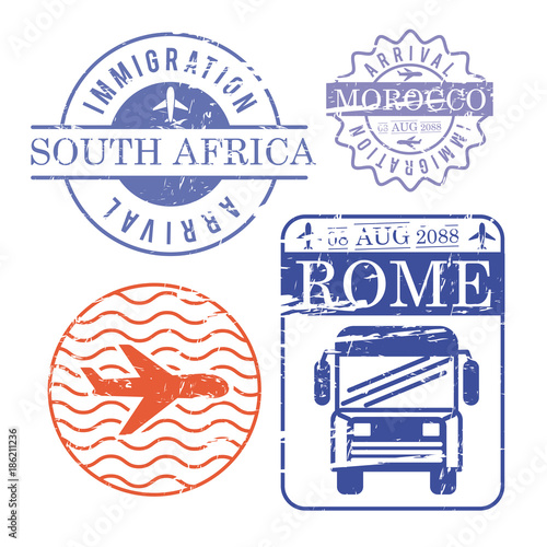 airplane and bus travel stamps south africa morocco and rome in colorful silhouette