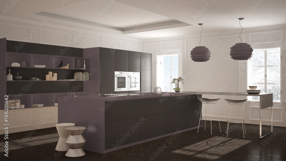 Modern kitchen furniture in classic room, old parquet, minimalist architecture, gray and purple interior design