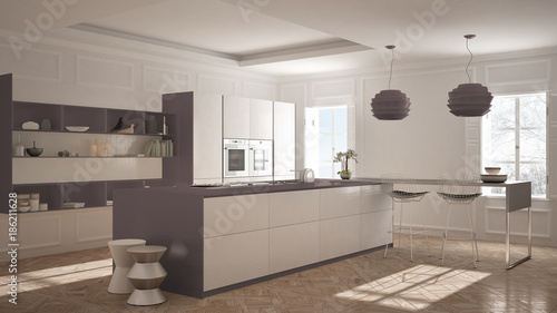 Modern kitchen furniture in classic room  old parquet  minimalist architecture  white and purple interior design