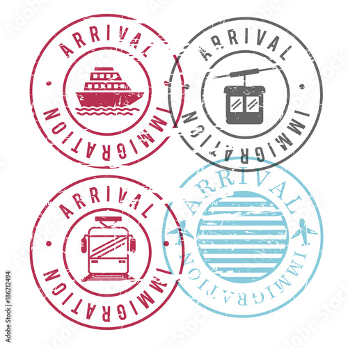 immigration arrival circular stamps of ship and cableway and train and airplane in colorful silhouette