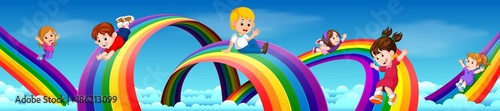 Cartoon kids sliding down the rainbow