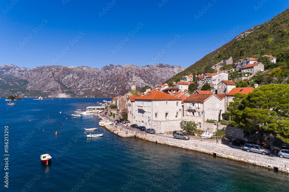 Aerial view of the Bay of Kotor and town of Perast, Montenegro