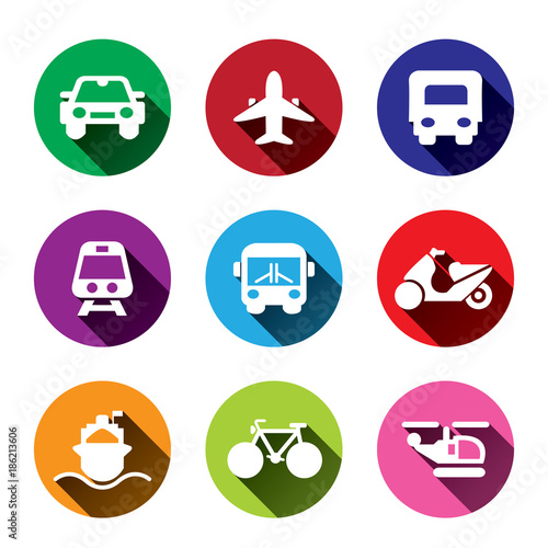 Colorful transportation icons. Long shadow. Vector illustration.