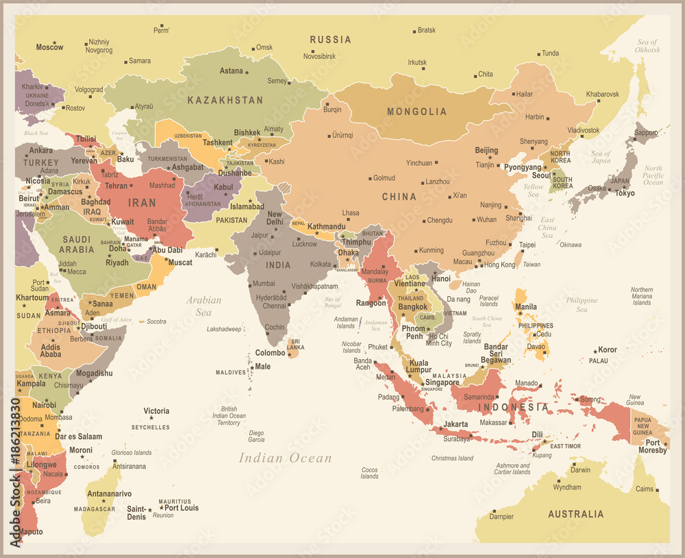 Naklejka Azja Południowa mapa - rocznik ilustracji wektorowych