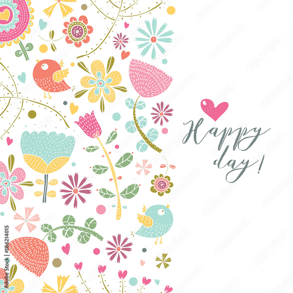 Happy day. Cute postcard. Funny greeting card with colored design elements. Vector illustration
