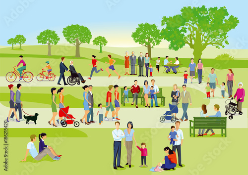 Familien und Personen erholen sich im Park
