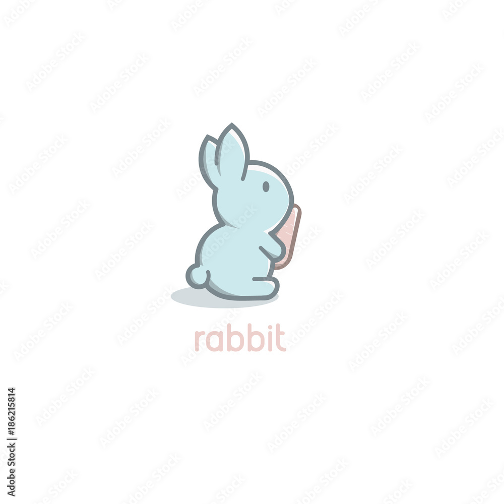 Isolated cartoon cute blue rabbit baby with orange carrot logo on white background. Happy Easter Day. Isolated cartoon cute blue rabbit baby with orange carrot logo on white background. Happy Easter Day.