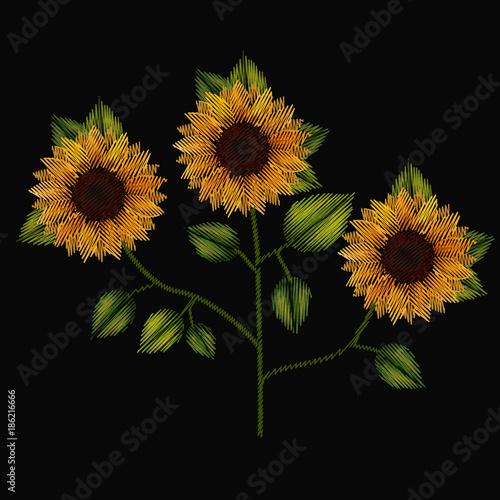 colorful sunflowers plant set embroidery in black background