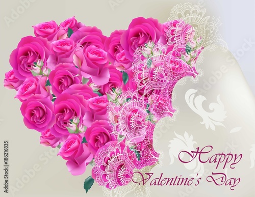 Happy Valentines Day Vector realistic card with pink roses heart lace illustr...