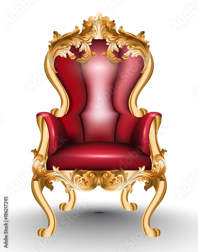 Red Baroque glamourous armchair isolated on white background. Furniture with golden Victorian ornamented fabric. Vector realistic 3D designs
