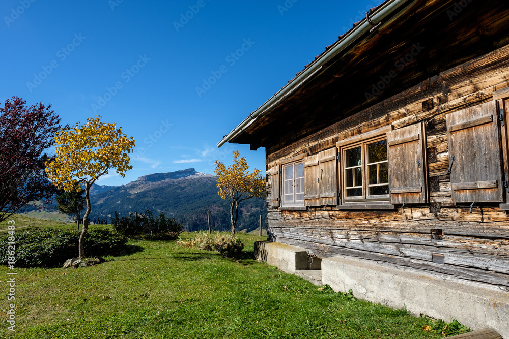 Romantic wooden mountain hut in Kleinwalsertal valley near Ifen, Austria