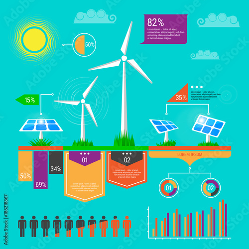 Environment, ecology infographic elements. Wind turbine and solar panels icons