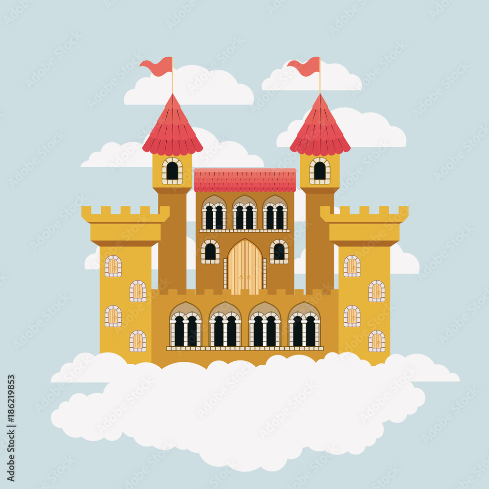 yellow castle of fairy tales in sky surrounded by clouds in colorful silhouette