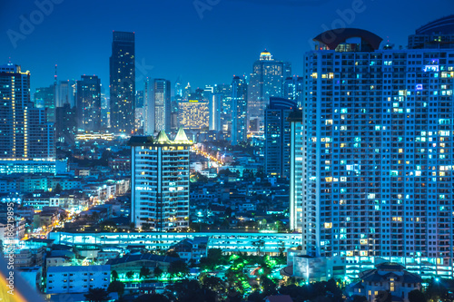 Bangkok river side cityscape. Bangkok night view in the business district. at twilight.Panorama view of Bangkok city scape at night time. vintage colour tone