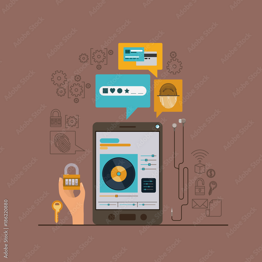 mobile security with tablet device and secure apps in brown color background