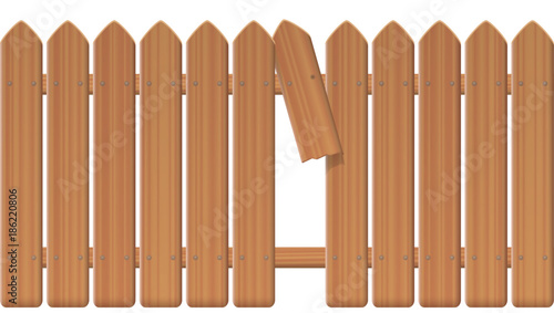 Gap in the fence - wooden textured picket fence with broken plank and loophole to slip through, escape, flee, take off, break free, slip away, sidle off - vector illustration on white background.