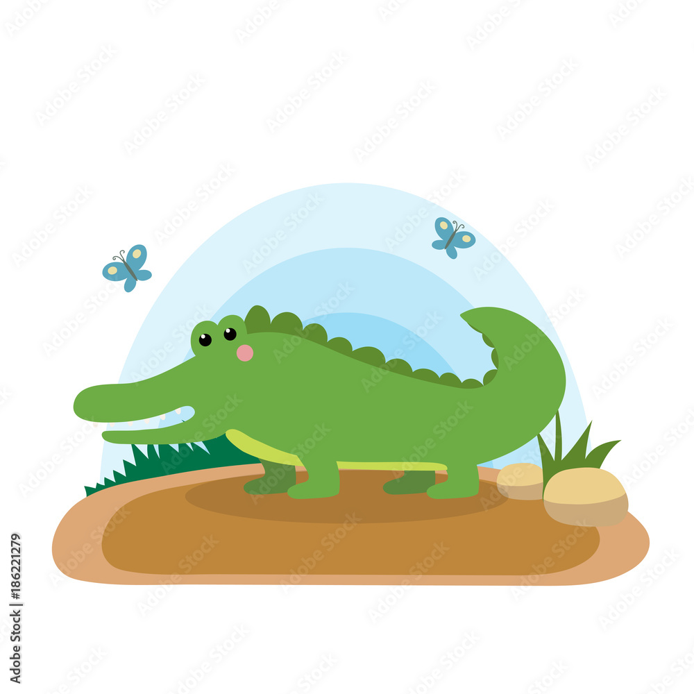 Obraz premium Wild animals with landscape - cute cartoon vector illustration of crocodile