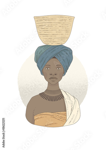 Illustration with Xhosa woman with basket.