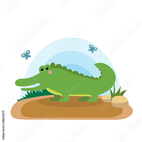 Wild animals with landscape - cute cartoon vector illustration of crocodile