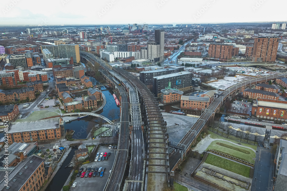 Fototapeta premium Aerial view drone manchester city centre hilton hotel beetham tower