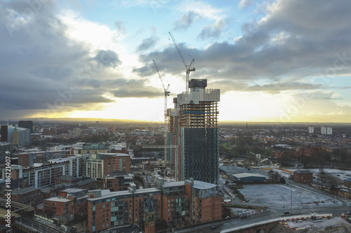 Canvas Print Aerial view drone manchester city centre hilton hotel beetham tower