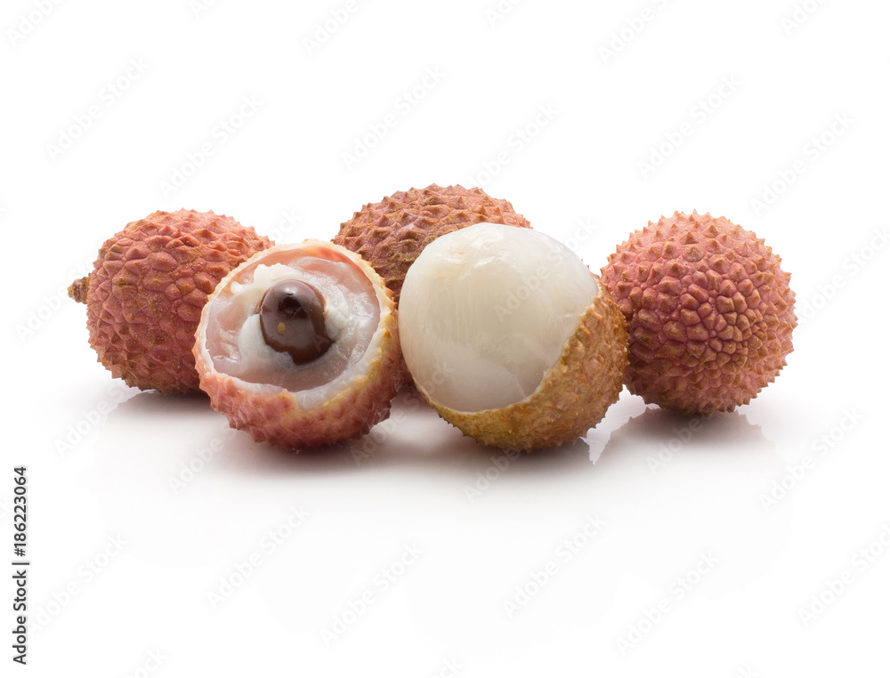 Five lychee isolated on white background ripe pink fresh berries two peel one with brown seed. Five lychee isolated on white background ripe pink fresh berries two peel one with brown seed.