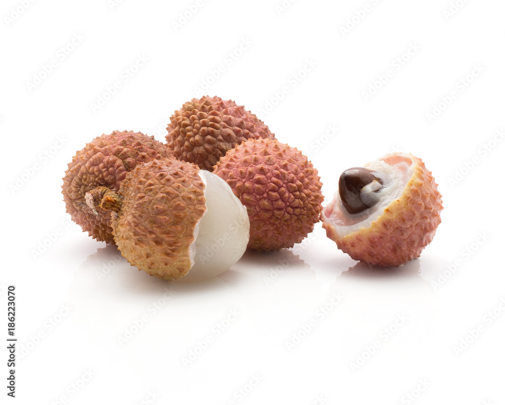 Five lychee isolated on white background ripe pink fresh berries two peel one with seed. Five lychee isolated on white background ripe pink fresh berries two peel one with seed.