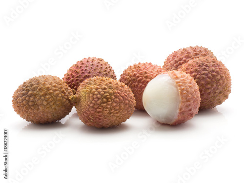 Lychee stack isolated on white background ripe pink fresh berries one peel.