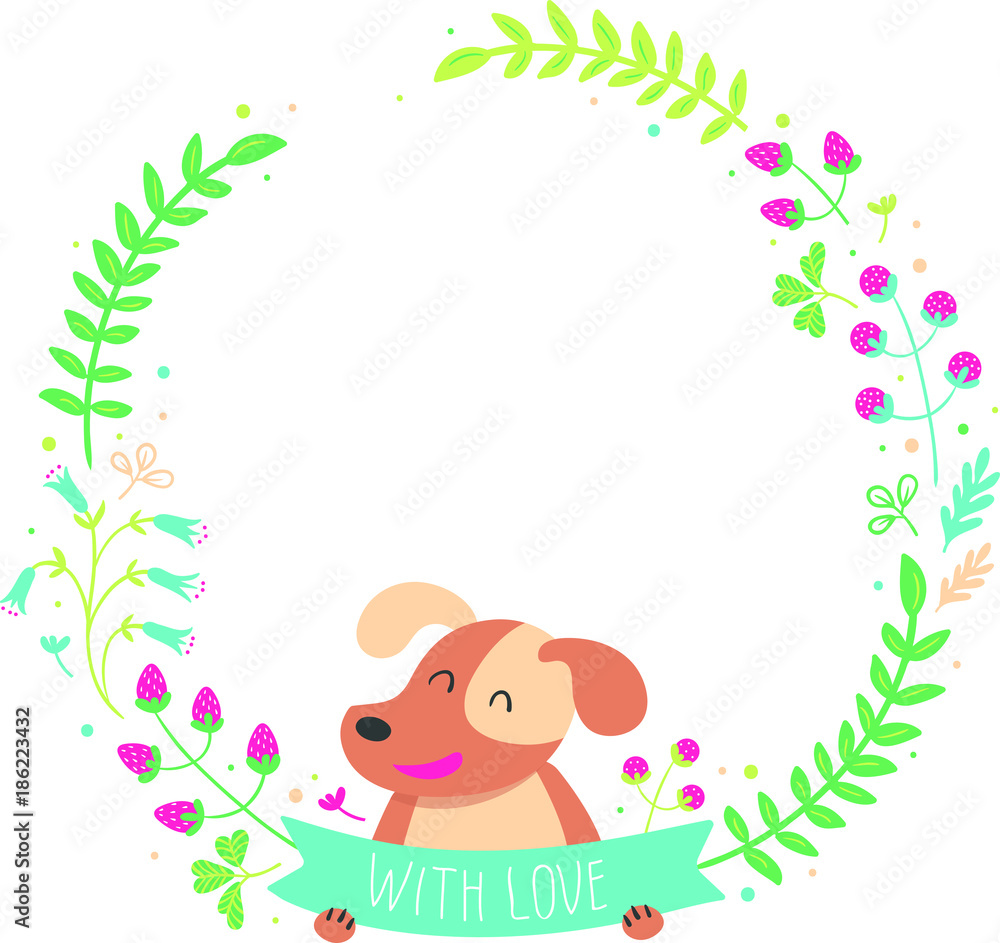 Fototapeta premium Greeting card with flower wreath and cute dog. Vector illustration for wedding, birthday and other design. Hand drawn lettering 