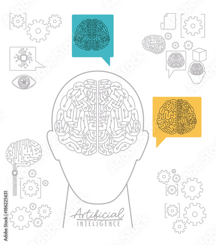 artificial intelligence poster with human head silhouette front view with electronic circuit in shape of brain over white background