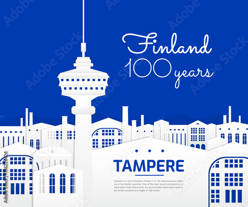 Tampere Finland city illustration - Finland travel landmarks vector design - blue and white color background - Tampere main attractions graphic