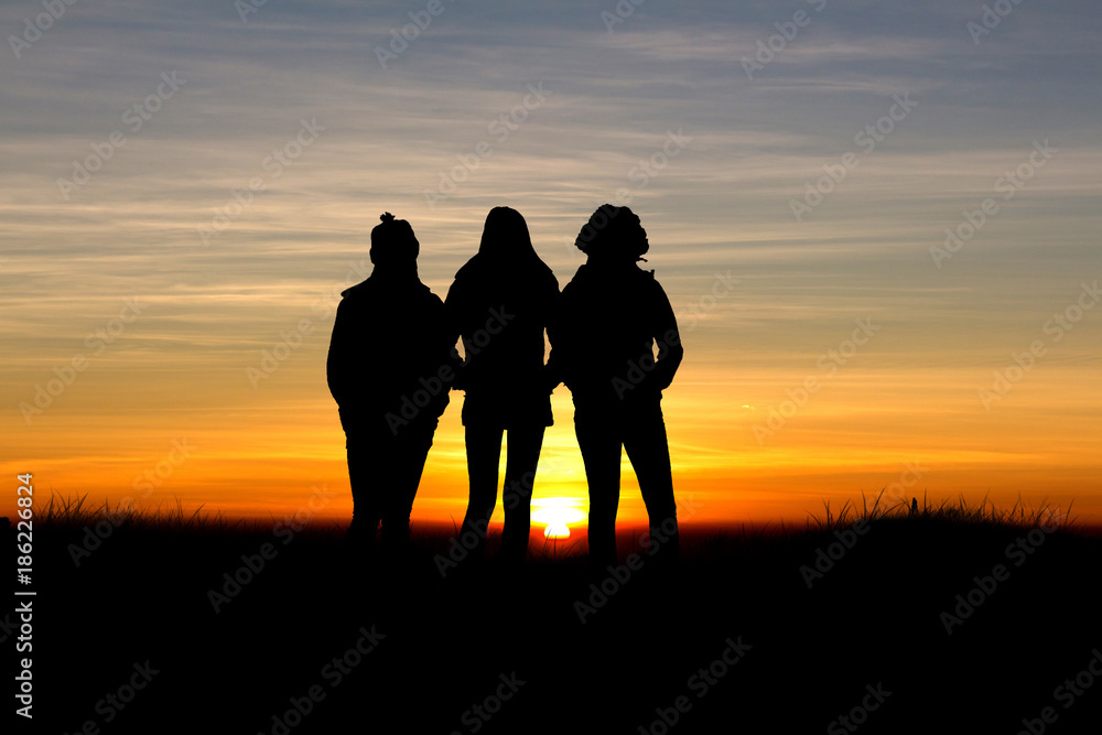 Group young girls playing at sunset time.