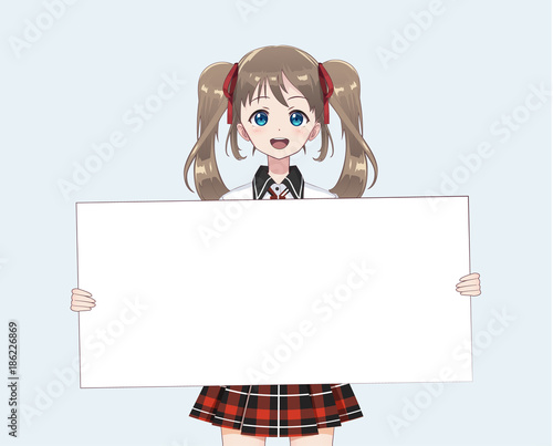 Japanese Asian woman holding white big sign board