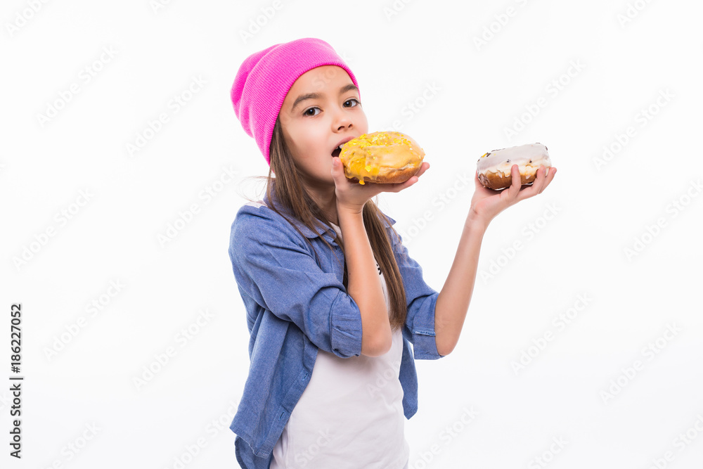 Portrait of a beautiful girl eat a donut on her finger Portrait of a beautiful girl eat a donut on her finger