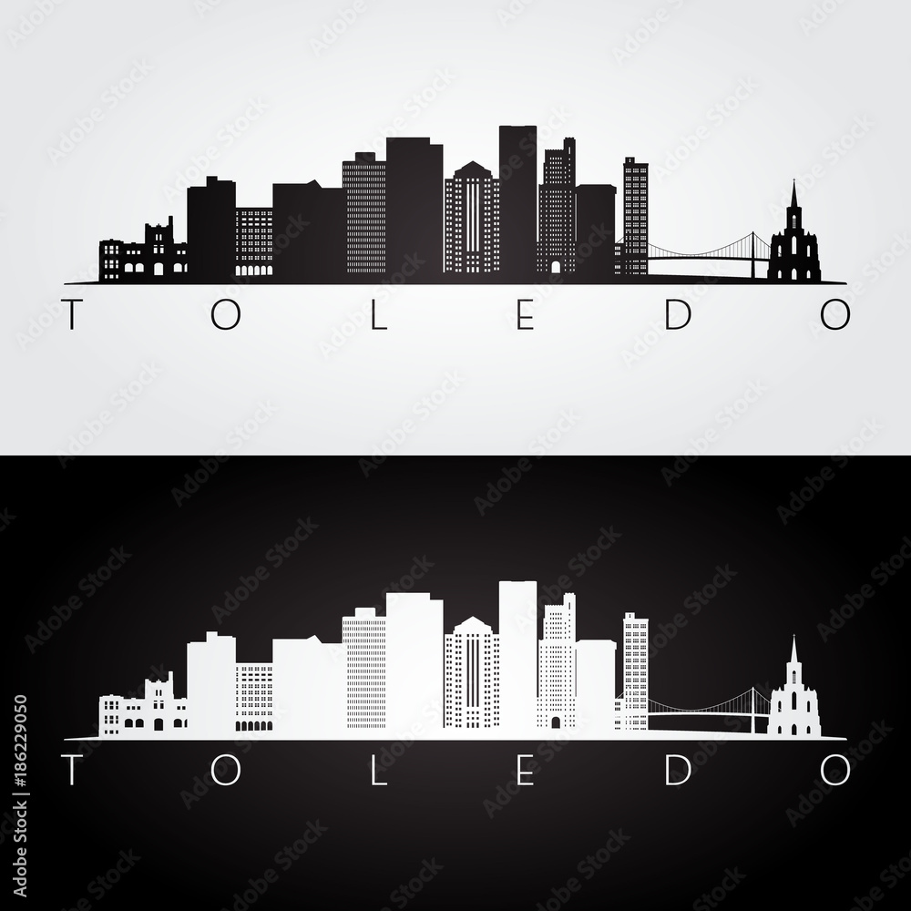 Toledo usa skyline and landmarks silhouette, black and white design, vector illustration.