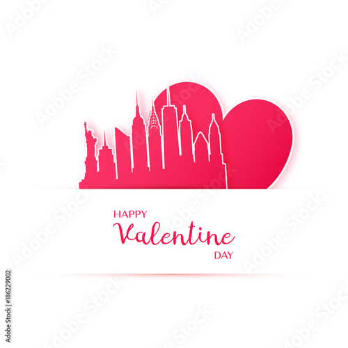 Red heart and silhouette of New York city paper stickers. Valentine card in paper art style.