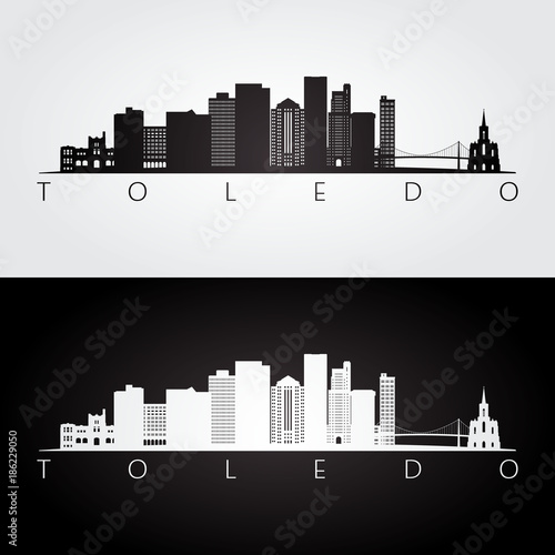 Toledo usa skyline and landmarks silhouette, black and white design, vector illustration.