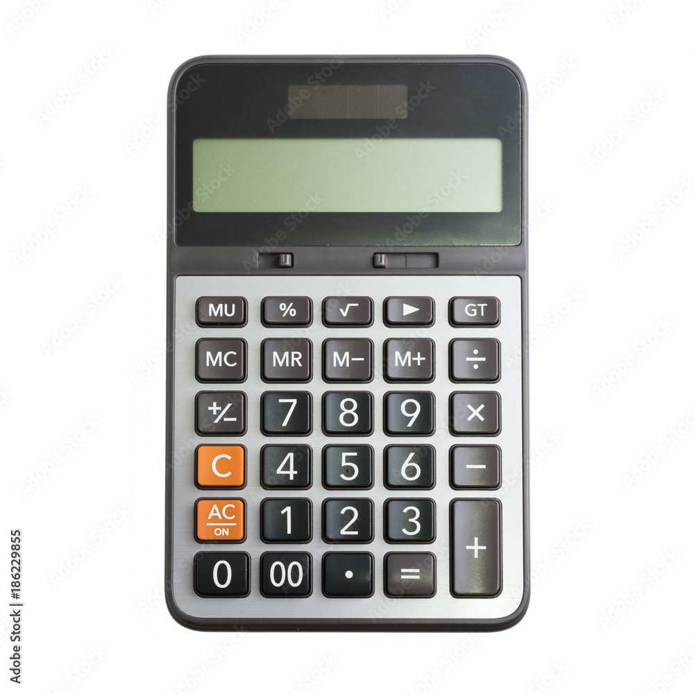 Calculator on white background, Top view Calculator on white background, Top view