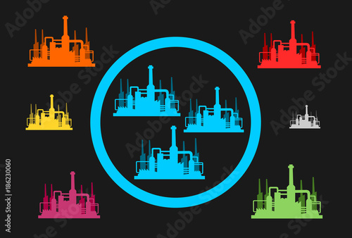 Circle of united factories against competitive and rival plants. Competition in the industry and industrial business. Acquistions, takeovers and fusions between companies and firms.