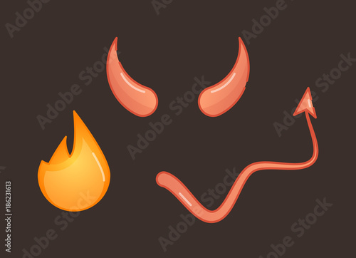 Devil vector illustration symbols, horns, tail and fire on dark red background