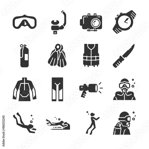 Scuba diving icon set. Included the icons as underwater, scuba diver, mask, fins, regulator, wetsuit and more.