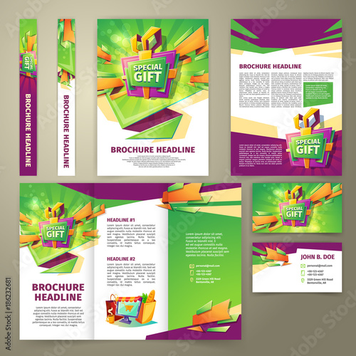 Vector flyer for sales promotion, banner, presentation brochure, magazine page, loyalty card, in cartoon style with gift box, green and purple elements. Advertising template for sales incentive