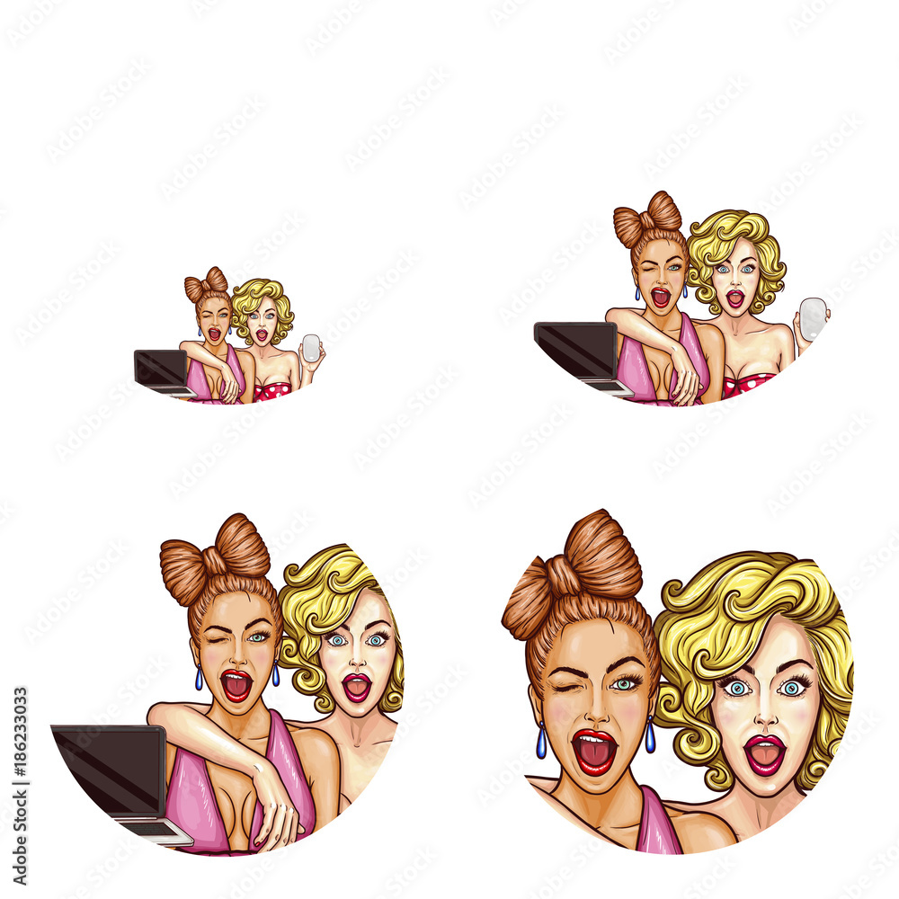 Set vector pop art round avatar icons for users social networking, blogs, profile icons. Two glamorous women with emotionally open screaming mouths, one winks eye, they demonstrate a laptop