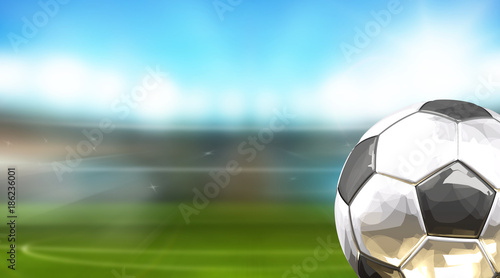 silver golden metallic soccer football ball. Football soccer stadium background 3d rendering.